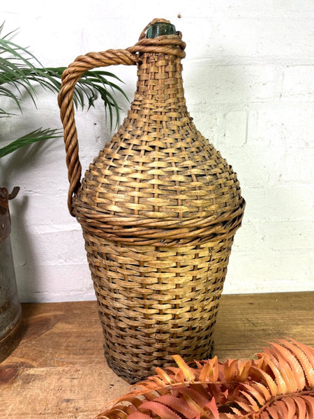 Vintage French Wicker Hand Blown Glass Demijohn Carboy Wine Bottle Vessel Vase