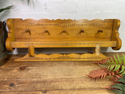 Vintage Hungarian Pine Wall Hanging Coat Rack Hooks