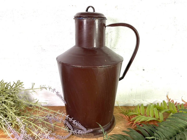 Vintage French Brown Enamel Metal Milk Water Churn Planter Vase Flower Display