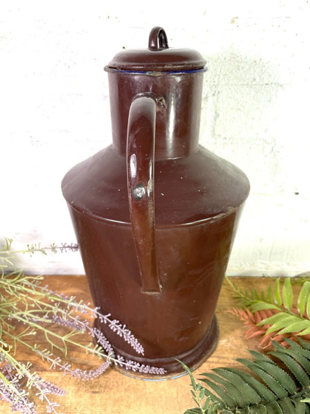 Vintage French Brown Enamel Metal Milk Water Churn Planter Vase Flower Display