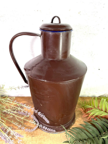 Vintage French Brown Enamel Metal Milk Water Churn Planter Vase Flower Display