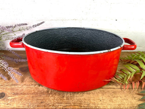 Vintage French Red Enamel Cooking Pot Tub Garden Flower Herb Planter