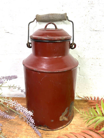 Vintage French Brown Enamel Metal Milk Water Churn Planter Vase Flower Display