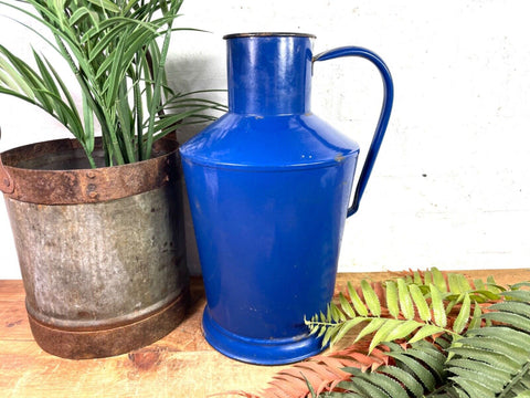 Vintage French Blue Enamel Metal Milk Water Churn Planter Vase Flower Display