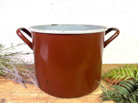 Vintage French Brown Enamel Cooking Pot Tub Garden Flower Herb Planter