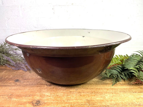 Vintage French Brown Enamel Cooking Pot Tub Garden Flower Herb Planter