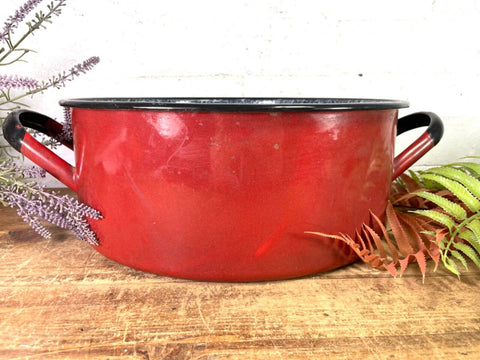 Vintage French Red Enamel Cooking Pot Tub Garden Flower Herb Planter