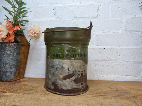 Vintage Reclaimed Metal Galvanised Military Cannister Florist Flower Tub Bucket