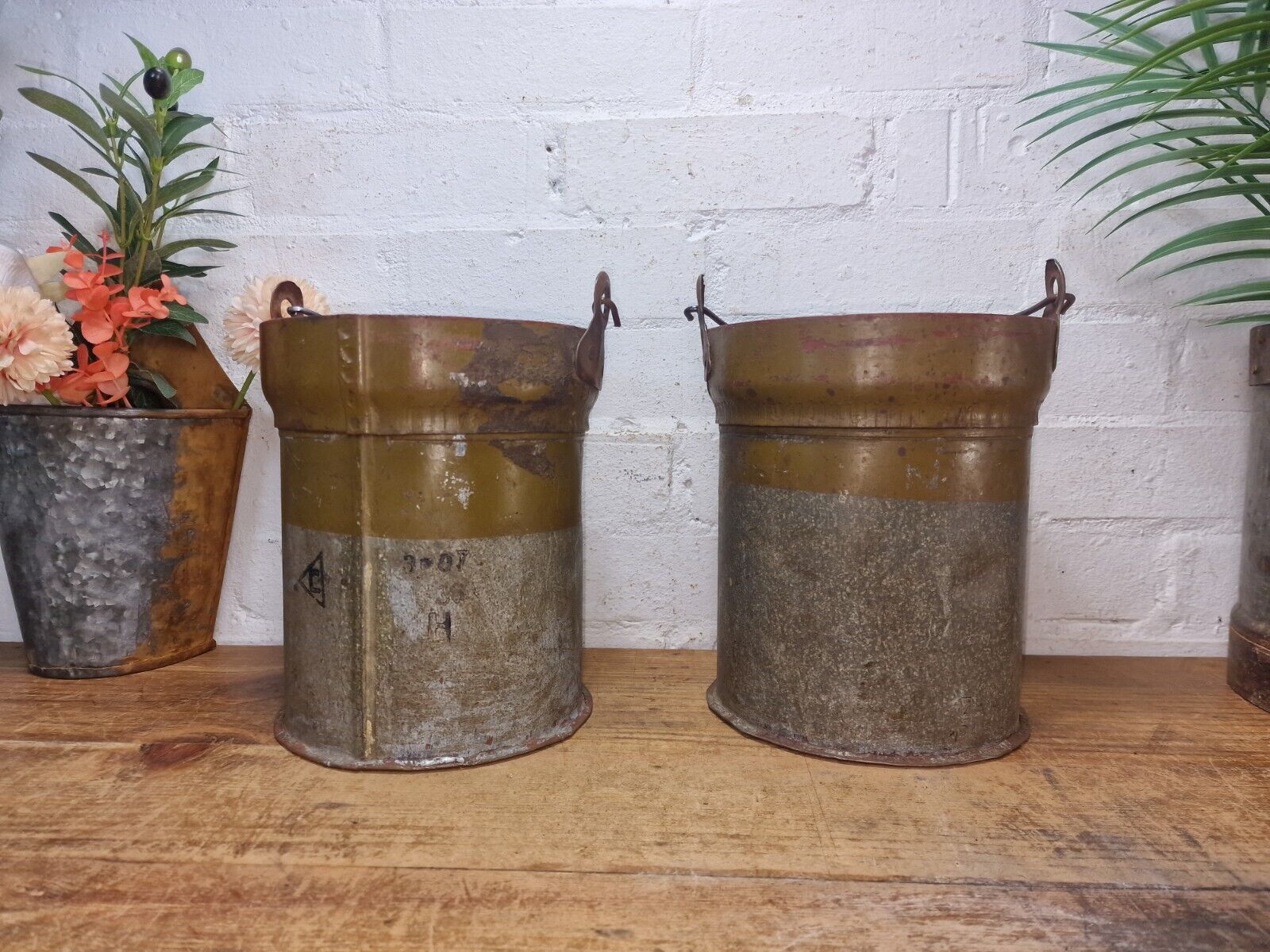 Vintage Reclaimed Metal Galvanised Military Cannister Florist Flower Tub Bucket