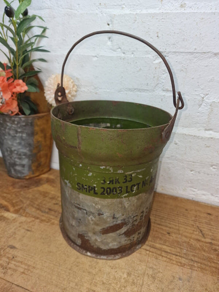 Vintage Reclaimed Metal Galvanised Military Cannister Florist Flower Tub Bucket