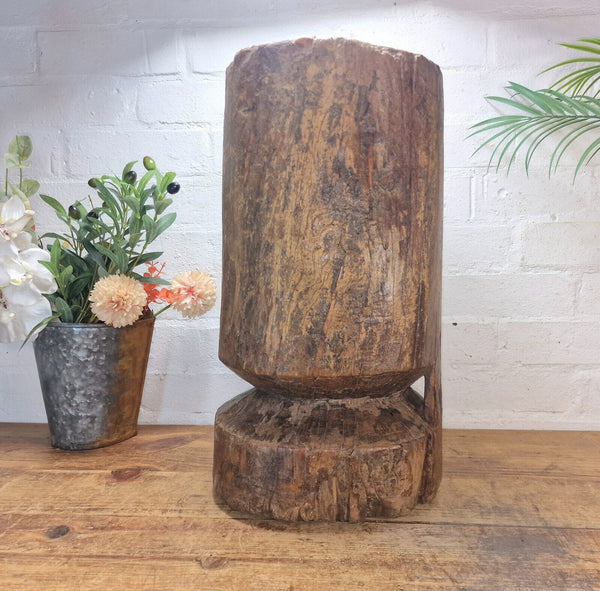 Large Vintage Antique Rustic Wabi Sabi Hand Carved Wooden Grinding  Mortar Bowl