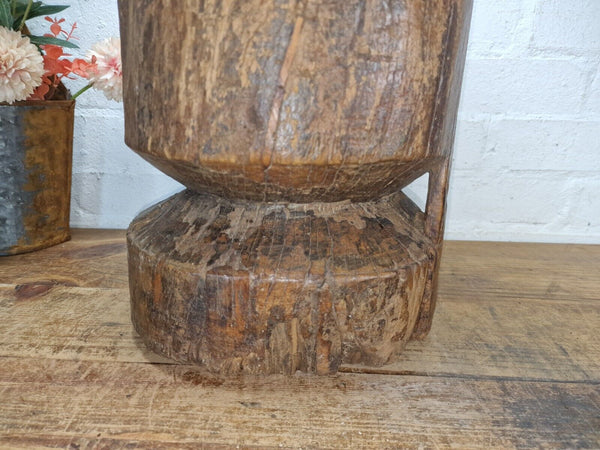 Large Vintage Antique Rustic Wabi Sabi Hand Carved Wooden Grinding  Mortar Bowl