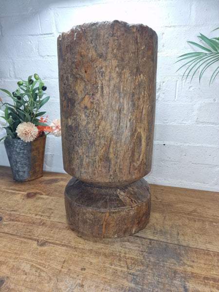 Large Vintage Antique Rustic Wabi Sabi Hand Carved Wooden Grinding  Mortar Bowl