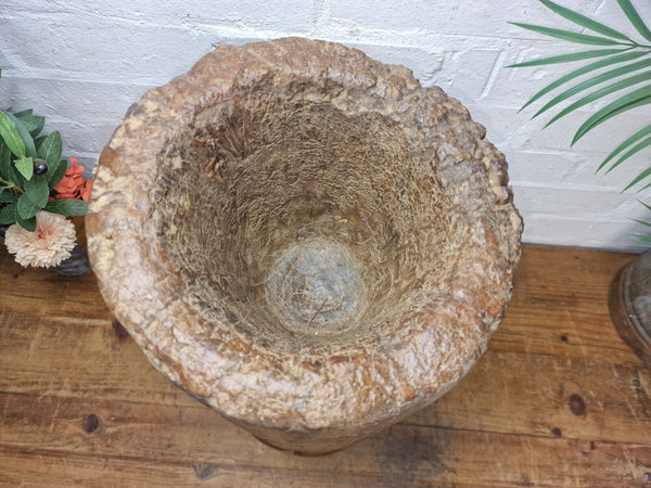 Large Vintage Antique Rustic Wabi Sabi Hand Carved Wooden Grinding  Mortar Bowl