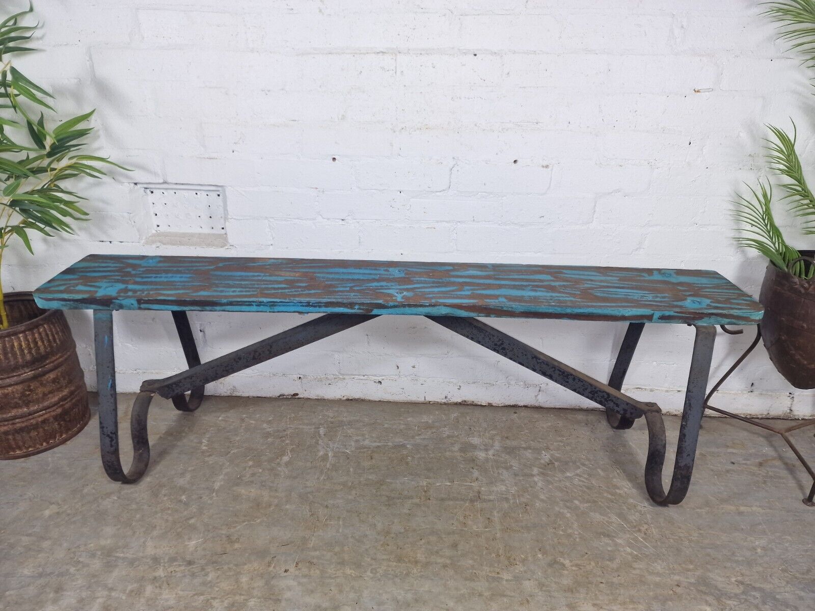 Vintage Reclaimed Industrial Wrought Iron Solid Hard Wood Garden Bench Seat