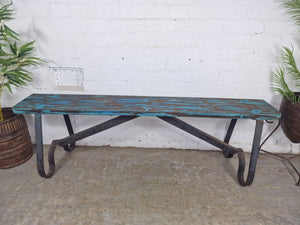 Vintage Reclaimed Industrial Wrought Iron Solid Hard Wood Garden Bench Seat