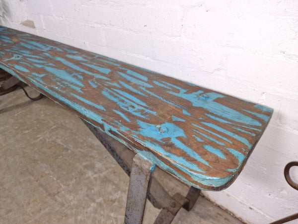 Vintage Reclaimed Industrial Wrought Iron Solid Hard Wood Garden Bench Seat