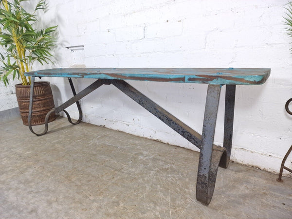 Vintage Reclaimed Industrial Wrought Iron Solid Hard Wood Garden Bench Seat