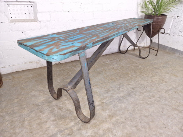 Vintage Reclaimed Industrial Wrought Iron Solid Hard Wood Garden Bench Seat