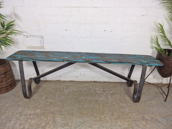 Vintage Reclaimed Industrial Wrought Iron Solid Hard Wood Garden Bench Seat