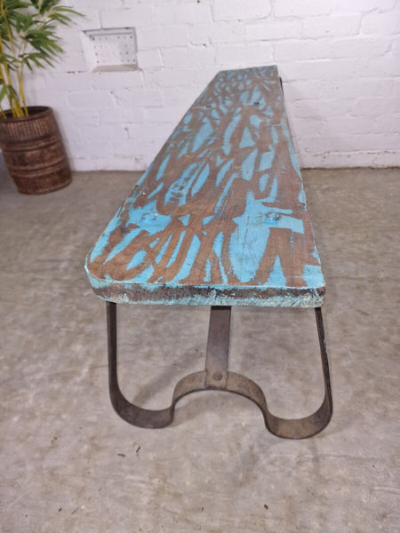 Vintage Reclaimed Industrial Wrought Iron Solid Hard Wood Garden Bench Seat