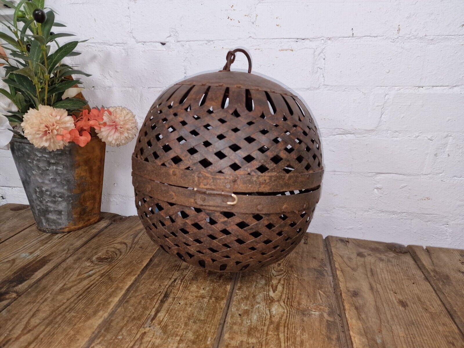 Rustic Handmade Reclaimed Metal Lattice Hanging Ball Candle Holder Lantern