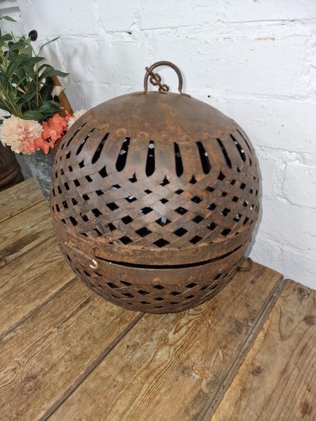 Rustic Handmade Reclaimed Metal Lattice Hanging Ball Candle Holder Lantern