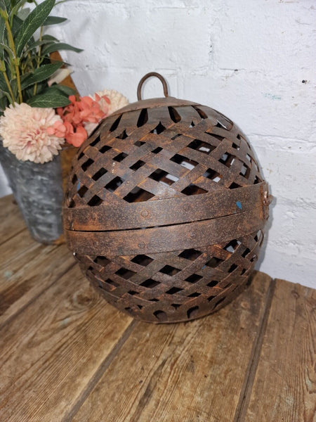 Rustic Handmade Reclaimed Metal Lattice Hanging Ball Candle Holder Lantern