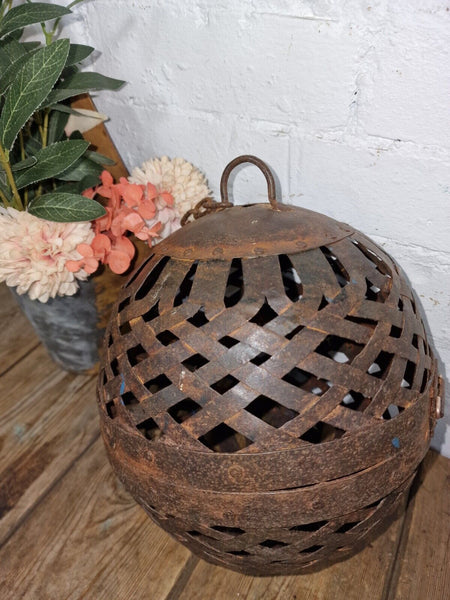 Rustic Handmade Reclaimed Metal Lattice Hanging Ball Candle Holder Lantern