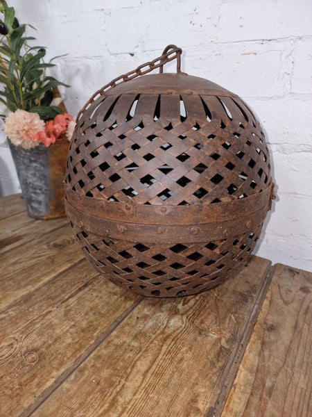 Rustic Handmade Reclaimed Metal Lattice Hanging Ball Candle Holder Lantern