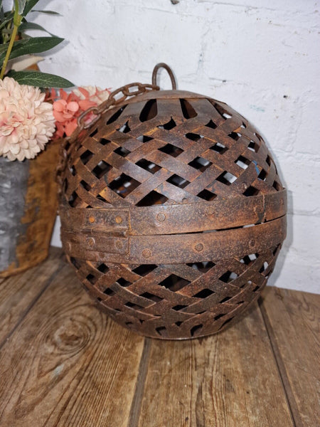 Rustic Handmade Reclaimed Metal Lattice Hanging Ball Candle Holder Lantern