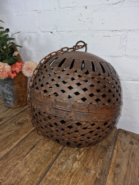 Rustic Handmade Reclaimed Metal Lattice Hanging Ball Candle Holder Lantern