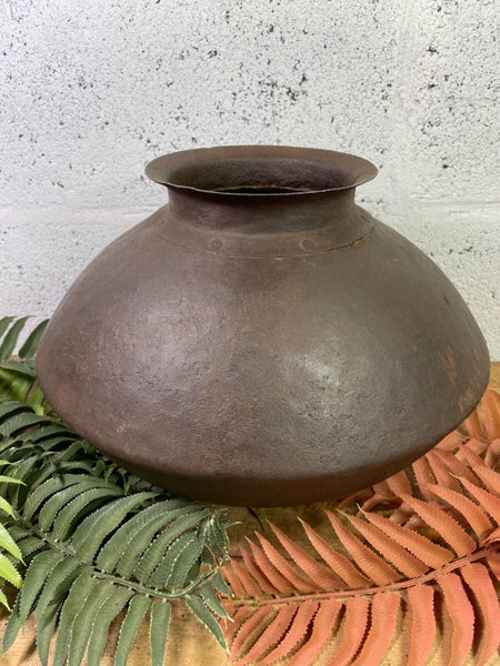 Old Vintage Rustic Original Indian Heavy Iron Metal Matka Water Vessel Pot Vase