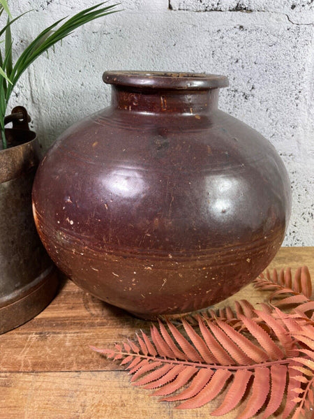 Antique Vintage Rustic Asian Glazed Terracotta Clay Preserving Storage Jar Pot