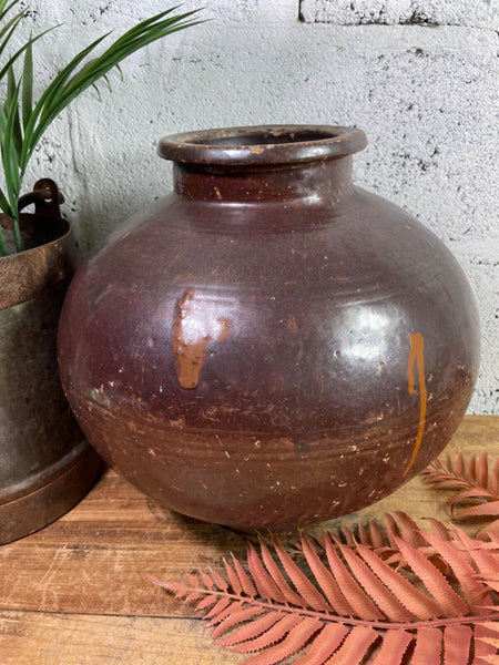 Antique Vintage Rustic Asian Glazed Terracotta Clay Preserving Storage Jar Pot