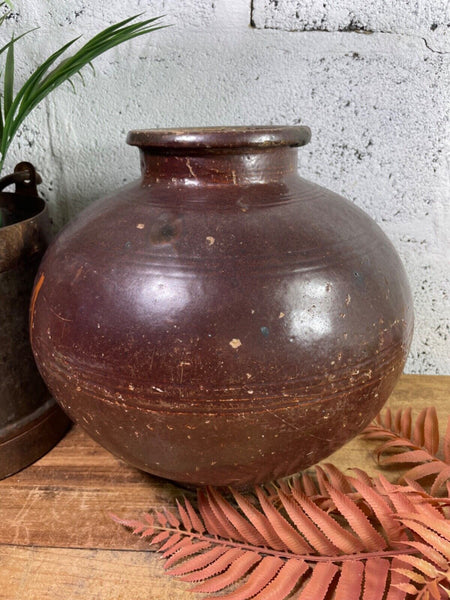 Antique Vintage Rustic Asian Glazed Terracotta Clay Preserving Storage Jar Pot