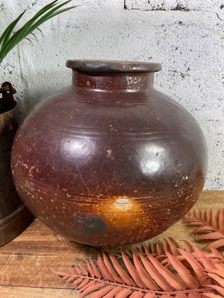 Antique Vintage Rustic Asian Glazed Terracotta Clay Preserving Storage Jar Pot