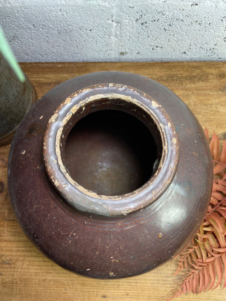 Antique Vintage Rustic Asian Glazed Terracotta Clay Preserving Storage Jar Pot