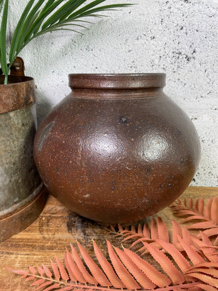 Antique Vintage Rustic Asian Glazed Terracotta Clay Preserving Storage Jar Pot