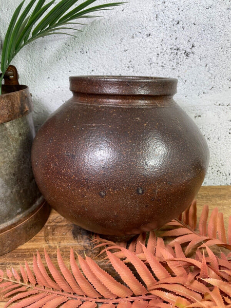 Antique Vintage Rustic Asian Glazed Terracotta Clay Preserving Storage Jar Pot