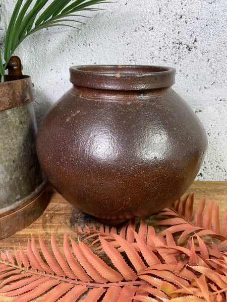 Antique Vintage Rustic Asian Glazed Terracotta Clay Preserving Storage Jar Pot