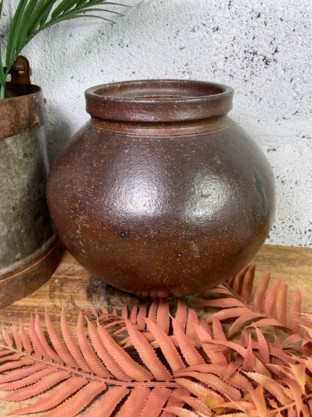 Antique Vintage Rustic Asian Glazed Terracotta Clay Preserving Storage Jar Pot