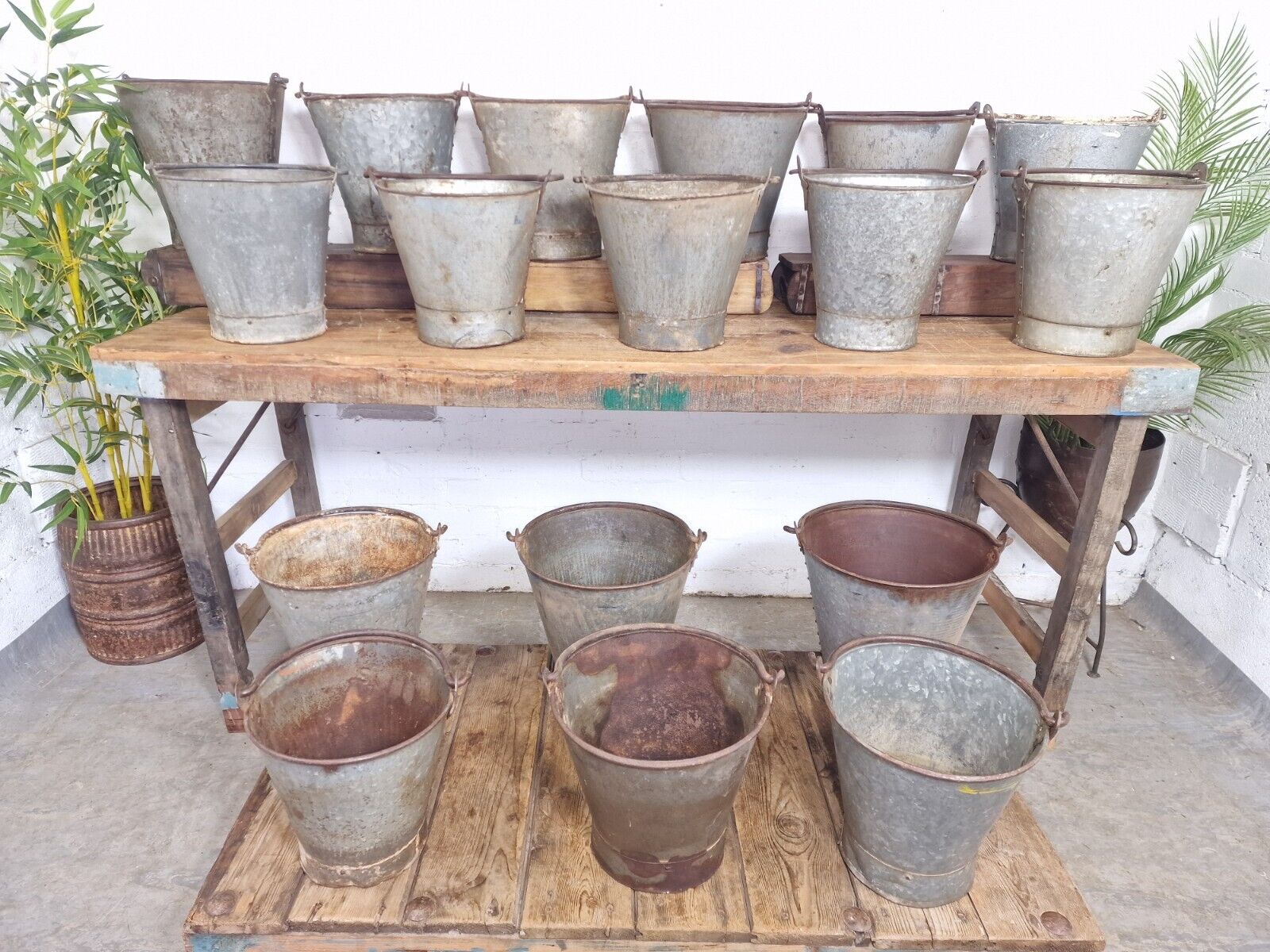 Vintage Rustic Reclaimed Riveted Galvanised Fire Bucket Garden Planter Tub