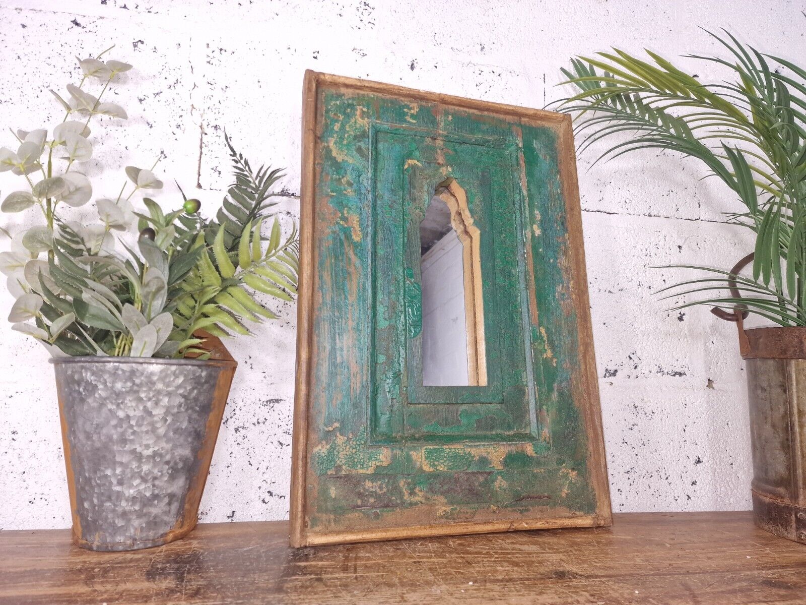 Vintage Rustic Reclaimed Indian Temple Wooden Bathroom Hallway Wall Mirror