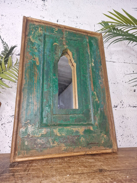 Vintage Rustic Reclaimed Indian Temple Wooden Bathroom Hallway Wall Mirror