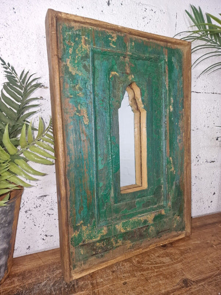 Vintage Rustic Reclaimed Indian Temple Wooden Bathroom Hallway Wall Mirror