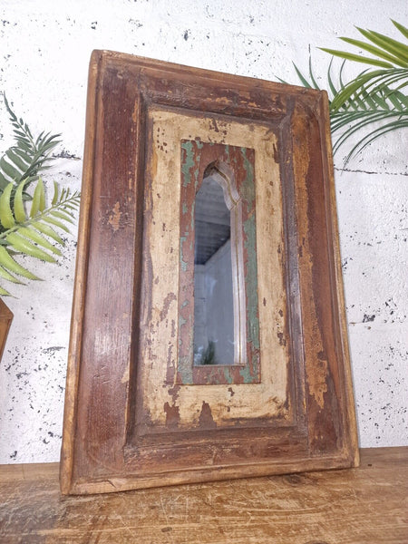 Vintage Rustic Reclaimed Indian Temple Wooden Bathroom Hallway Wall Mirror