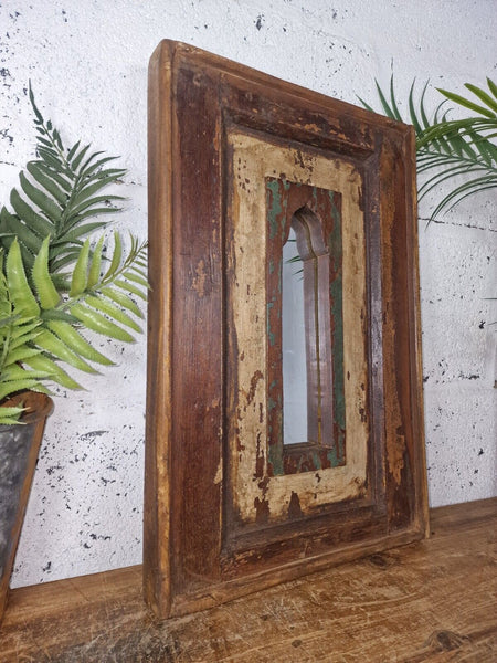 Vintage Rustic Reclaimed Indian Temple Wooden Bathroom Hallway Wall Mirror