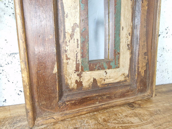 Vintage Rustic Reclaimed Indian Temple Wooden Bathroom Hallway Wall Mirror