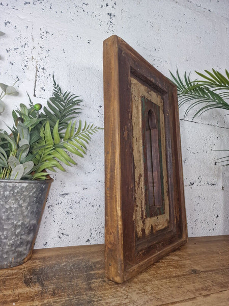 Vintage Rustic Reclaimed Indian Temple Wooden Bathroom Hallway Wall Mirror